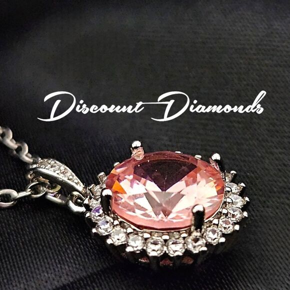 Pink Sapphire & Clear White Baguette Diamond Pendant 14K White Gold 925  - Picture 2 of 8